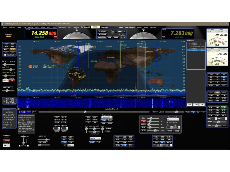 Grayline, Sun, Moon, ISS, DX Spots appear as Red DOTS on World Map (CTRL key over DOT to set Freq, Filter, Mode, split)