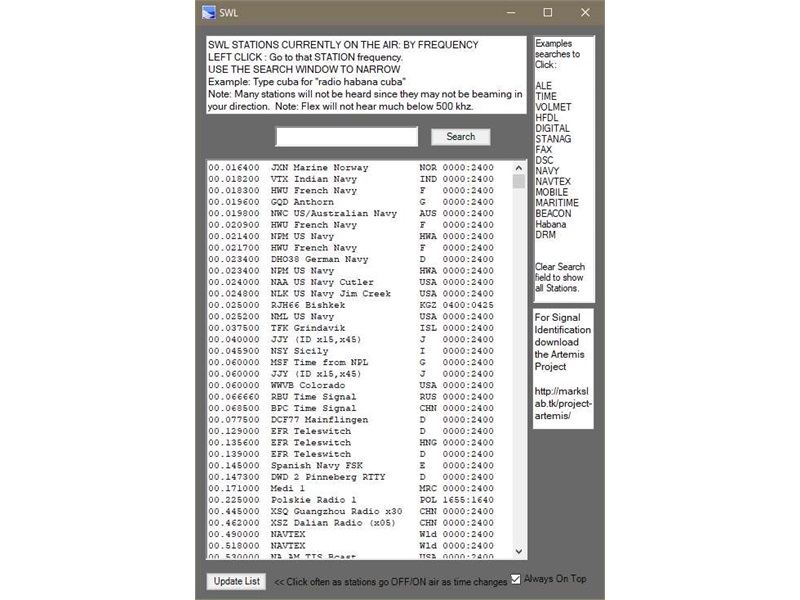 Searchable and Clickable SWR listings (from eibispace.de) with clickable shortcut names on the right side.